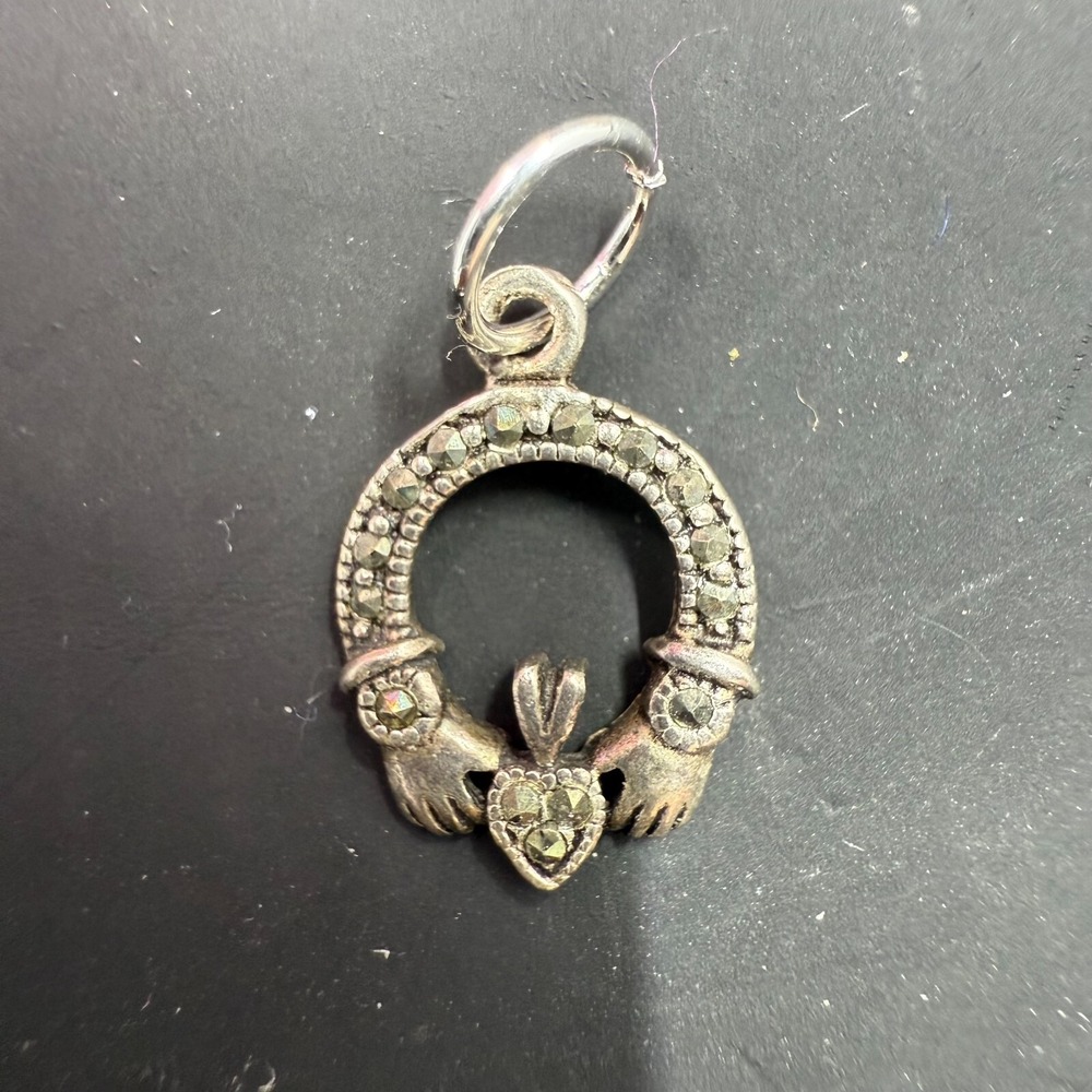 Vintage Sterling Silver Claddagh Marcasite Charm Pendant 0.5" Ireland Symbol